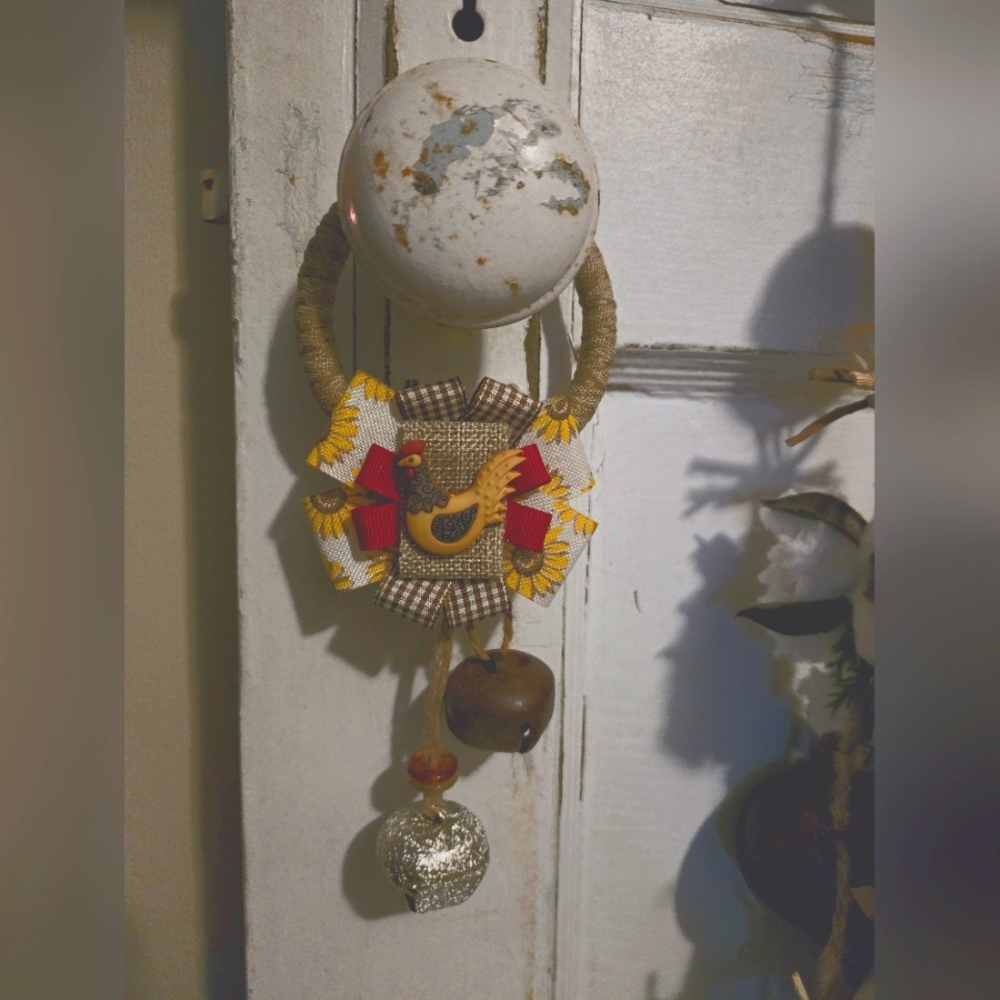 Sunflower Country Chicken Door Hanger Doorknob Hanger Beaded Plaid Ribbon Door